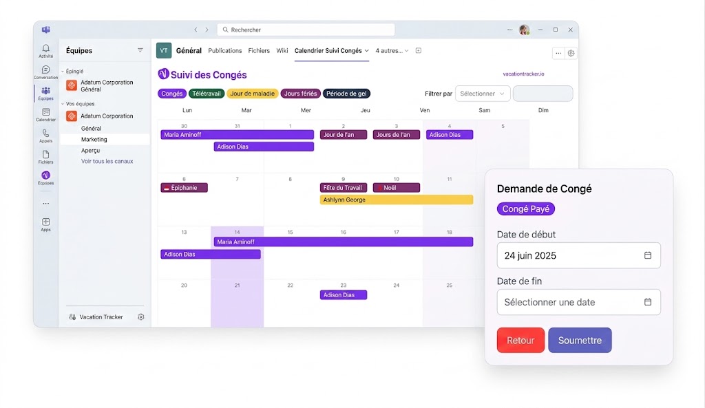 Capture d'écran de l'application Suivi des Congés dans Microsoft Teams, affichant un calendrier de gestion des absences et un formulaire de demande de congé payé en français.