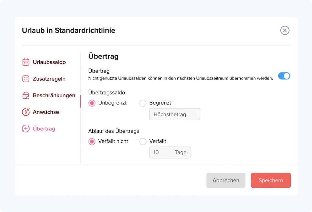 Eine Benutzeroberfläche zur Konfiguration der Übertragsregeln für Resturlaub mit Optionen zur Festlegung von Höchstbeträgen und Verfallsfristen.