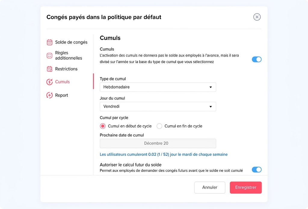 Fenêtre de configuration de la politique de cumul des congés payés dans l'interface Day Off, présentant les options de fréquence, de cycle et de calcul du solde futur en français.