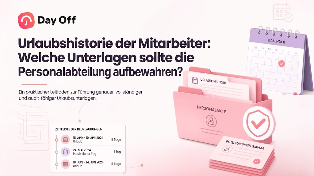 Infografik von Day Off auf Deutsch zum Thema Urlaubshistorie von Mitarbeitern und erforderliche Personalakten.