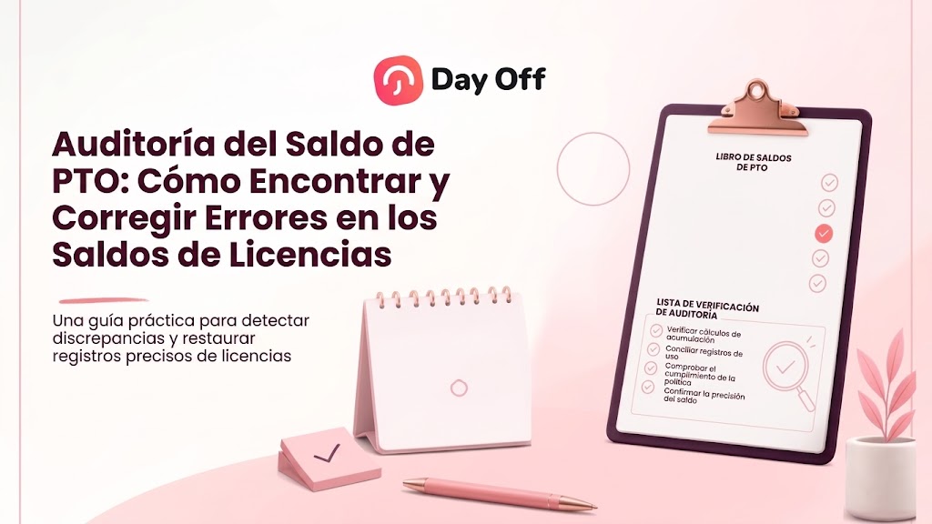 Infografía en tonos rosa de Day Off sobre cómo auditar y corregir errores en los saldos de PTO, junto a una tabla con una lista de verificación de auditoría.