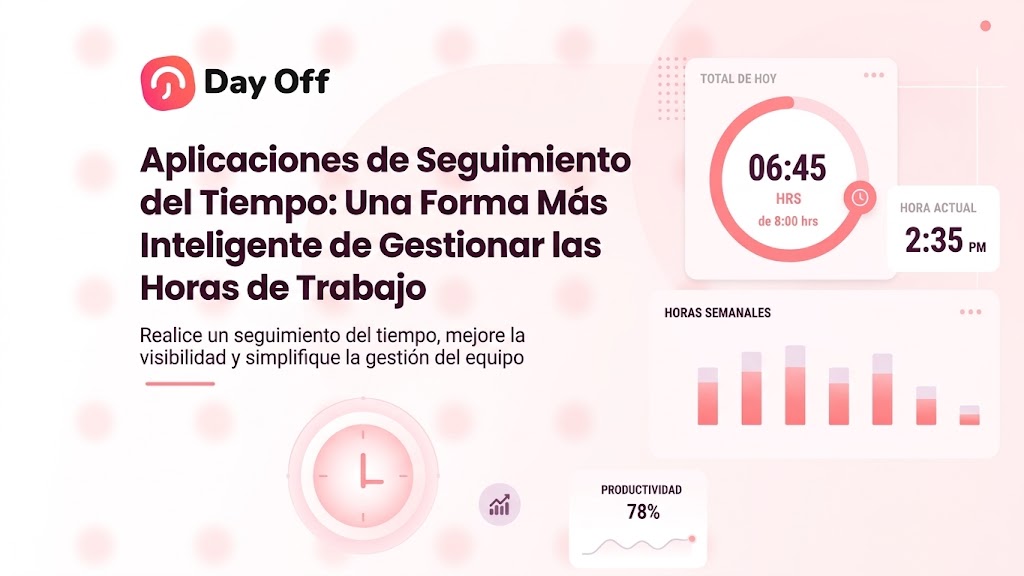 Infografía en español de Day Off sobre aplicaciones de seguimiento del tiempo para gestionar horas de trabajo, controlar productividad y administrar equipos.
