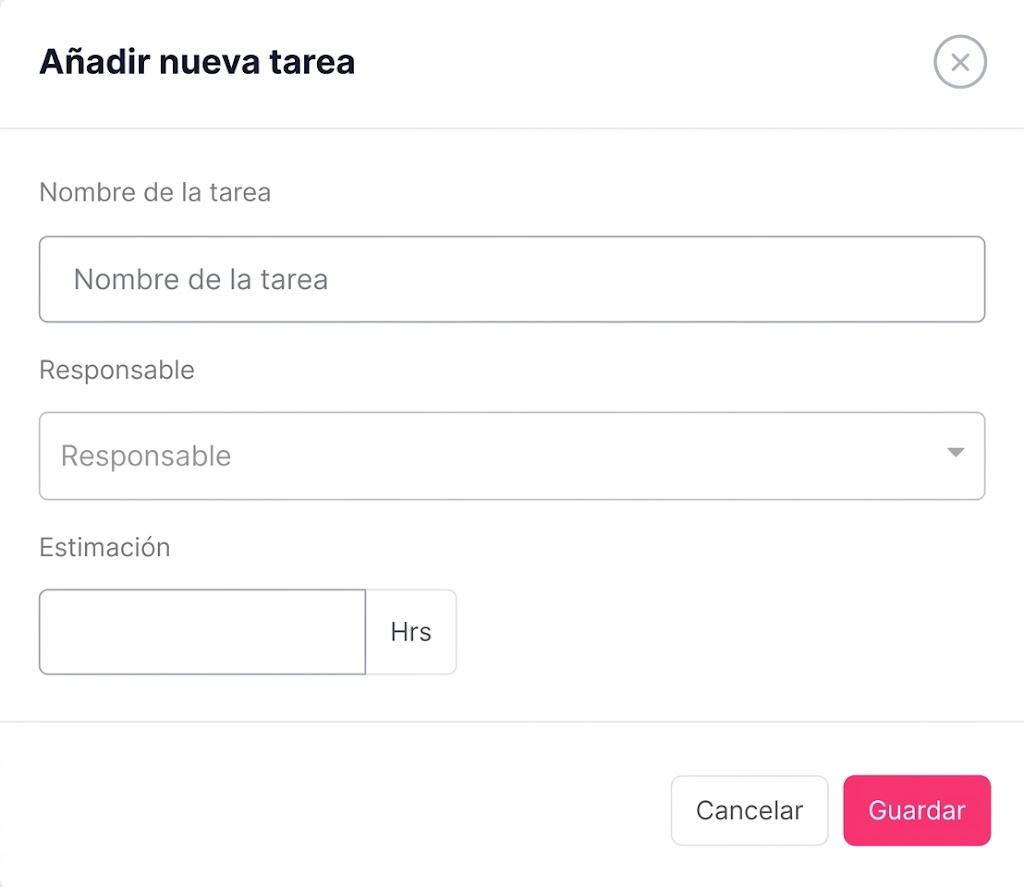 Formulario de interfaz de usuario en español titulado «Añadir nueva tarea», con campos para el nombre de la tarea, el responsable, la estimación en horas, y los botones «Cancelar» y «Guardar».