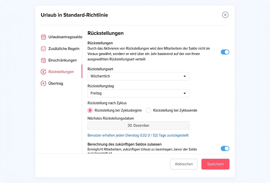 Anteiliger Urlaub in Day Off: Einstellungsmenü für Urlaubsrichtlinien mit Optionen für Urlaubsansammlung, Auszahlungszyklen und Übertragungsregeln