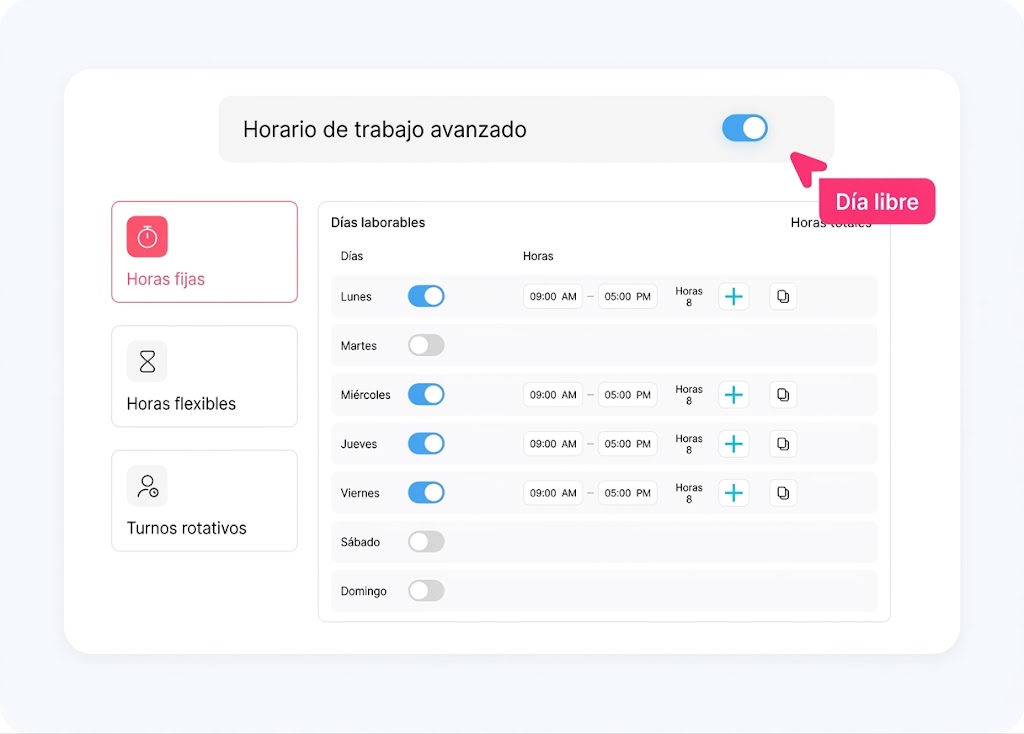 Interfaz digital para configurar el horario de trabajo laboral con opciones para definir días laborables, horas fijas, horas flexibles y turnos rotativos.