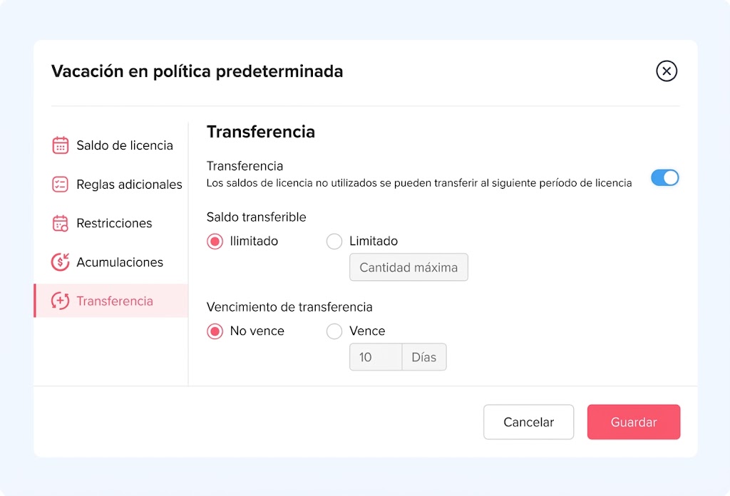 Ventana de configuración del sistema para la transferencia de saldo de licencia no utilizado entre períodos de vacaciones.