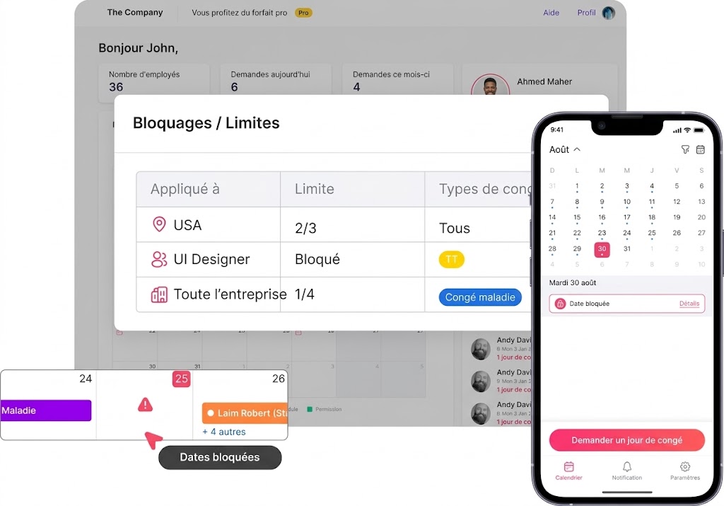 Interface de gestion montrant la configuration des dates bloquées et des limites de congés par équipe sur ordinateur et application mobile.