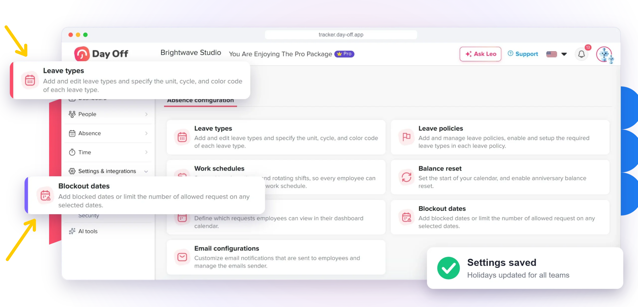 Day Off company settings with custom leave types and blockout dates highlighted
