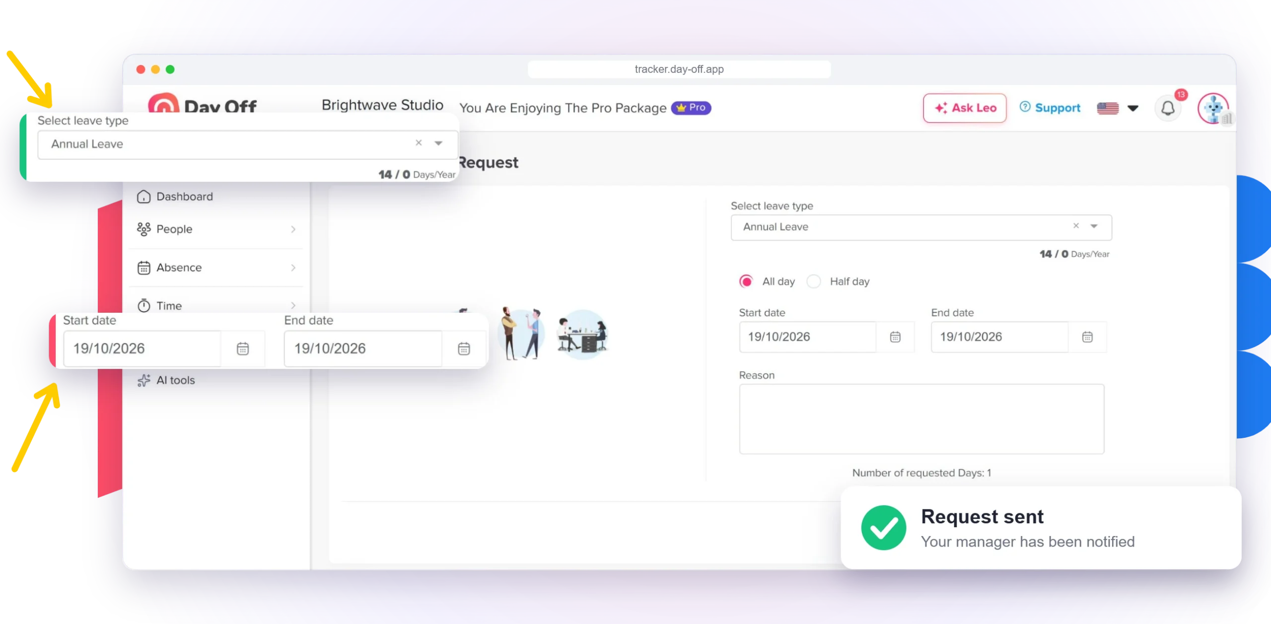Sending a leave request in Day Off with leave type, dates and an instant confirmation