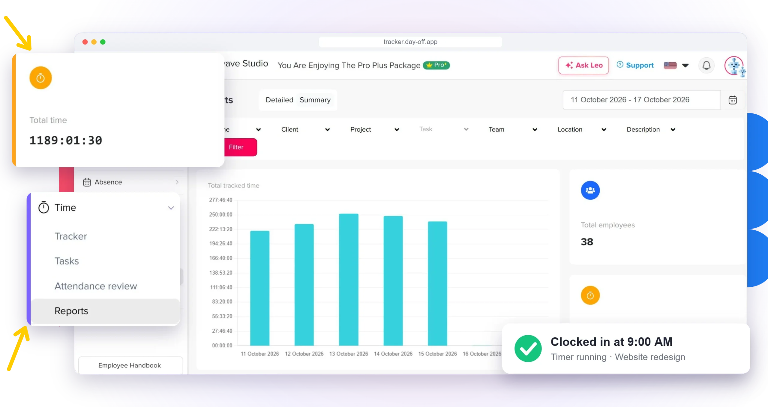 Day Off time tracking summary report with hours tracked per day and total time